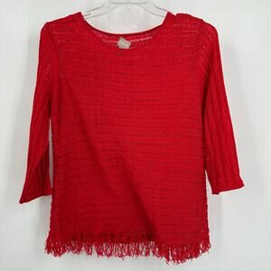Chicos Womens Pullover Open Knit Sweater Size 3 US XL Red Fringe Beachy